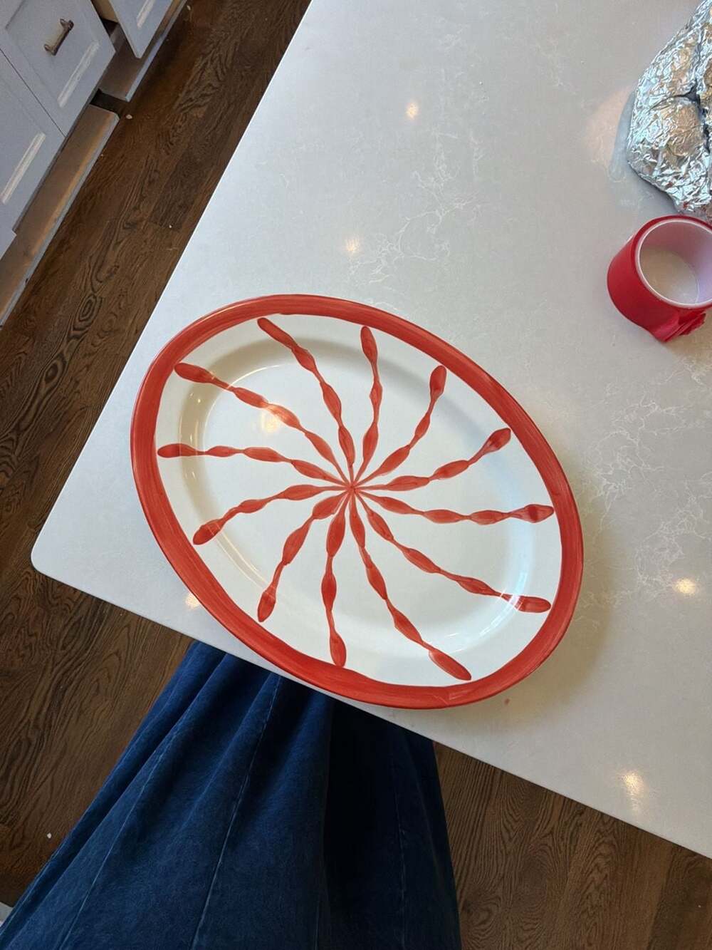 West Elm Red Swirl Peppermint Oval Serving Platter 15 Inch new no tags Cabana